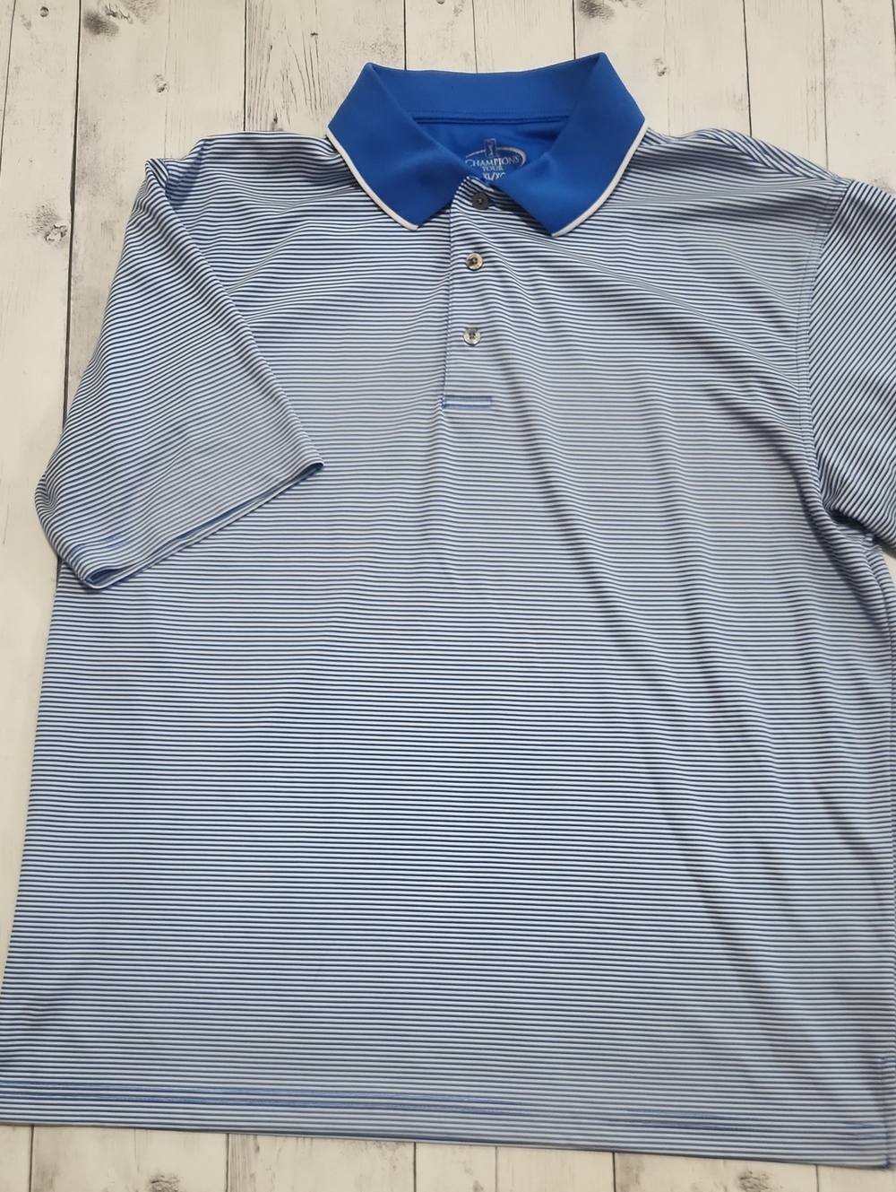 Champions Tour Mens XL Blue And White Striped Golf Polo Short Sleeve Top